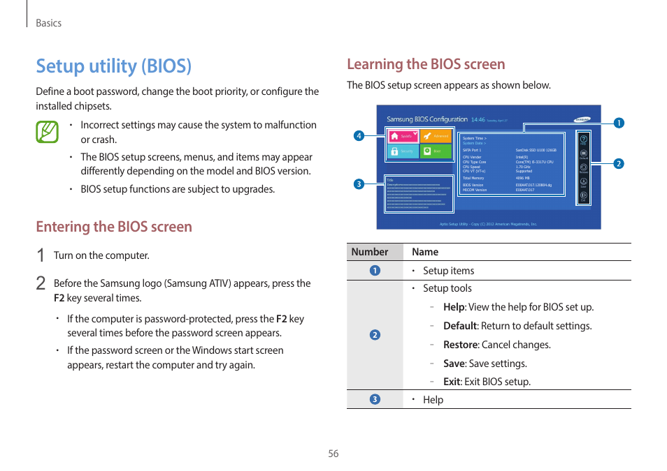 Setup utility (bios), 56 setup utility (bios), Learning the bios screen | Entering the bios screen | Samsung NP940X5J-K01US User Manual | Page 56 / 149