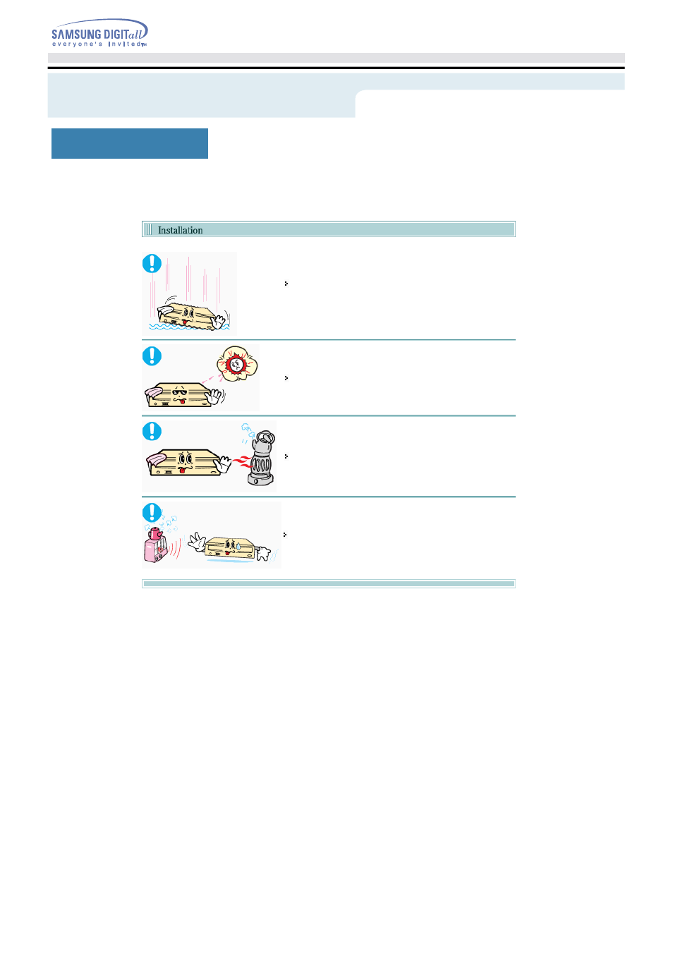 During installation, Safety precautions | Samsung TS-H552B-MIAH User Manual | Page 4 / 27