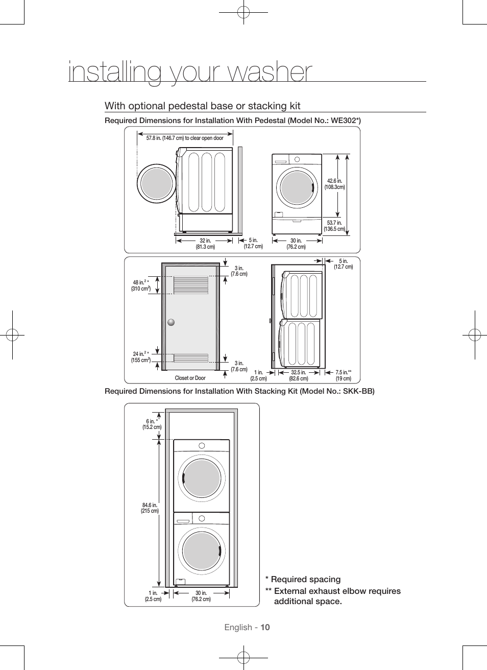 Installing your washer, With optional pedestal base or stacking kit | Samsung DV56H9100EW-A2 User Manual | Page 10 / 132