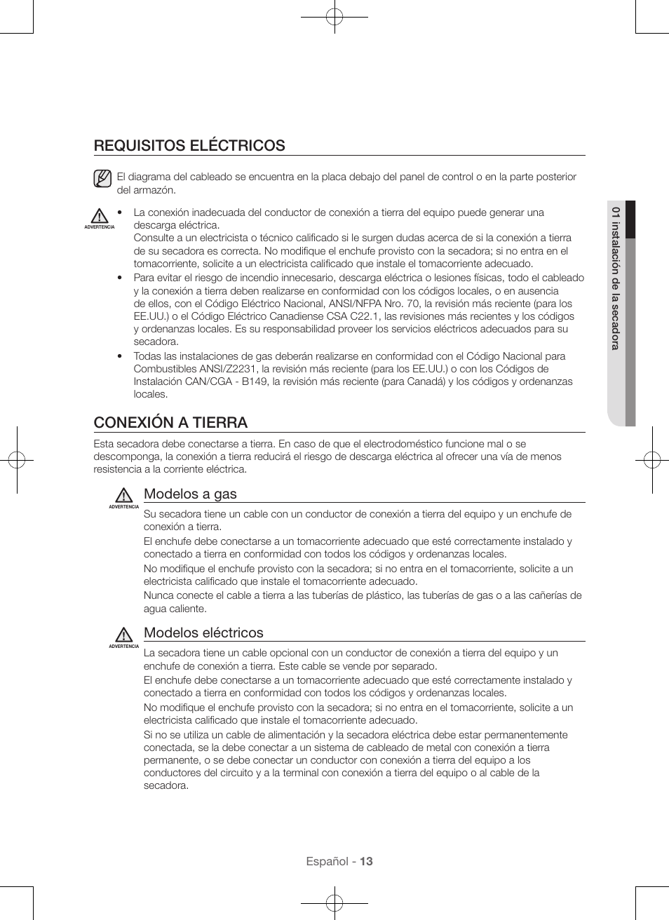 Requisitos eléctricos, Conexión a tierra, Modelos a gas | Modelos eléctricos | Samsung DV56H9100EW-A2 User Manual | Page 101 / 132