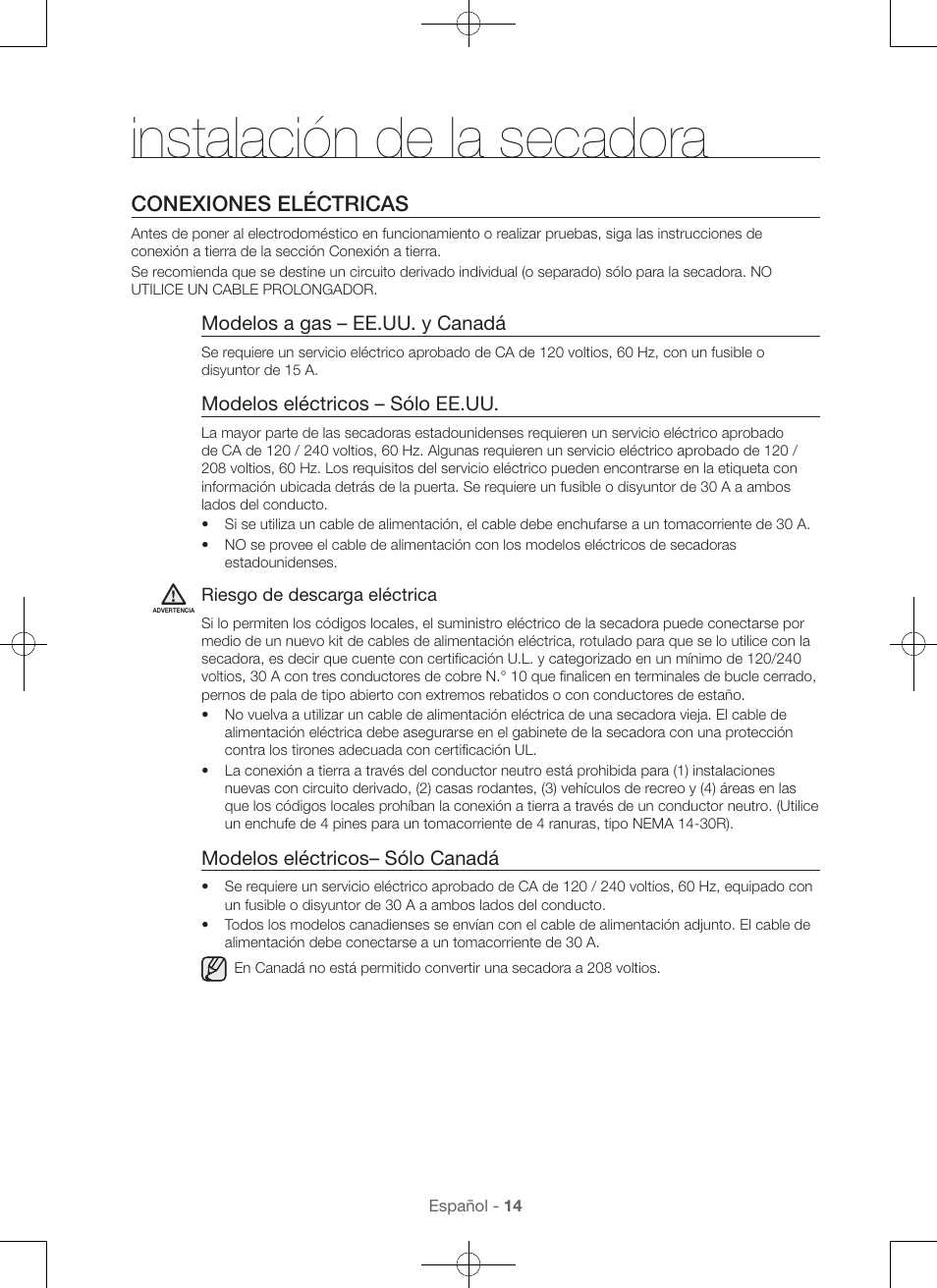 Instalación de la secadora, Conexiones eléctricas, Modelos a gas – ee.uu. y canadá | Modelos eléctricos – sólo ee.uu, Modelos eléctricos– sólo canadá | Samsung DV56H9100EW-A2 User Manual | Page 102 / 132