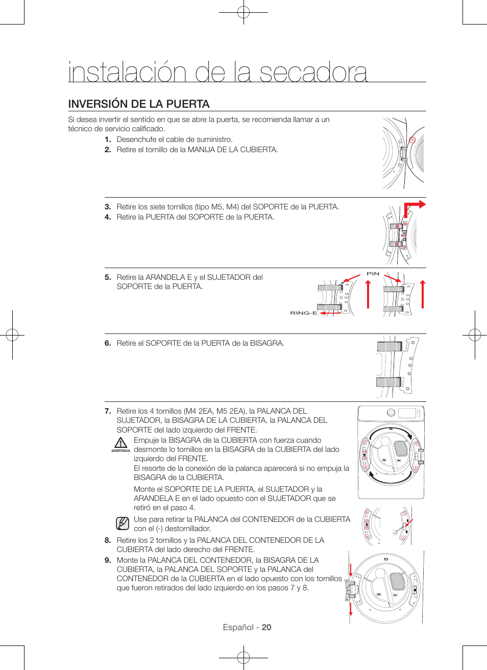 Instalación de la secadora, Inversión de la puerta | Samsung DV56H9100EW-A2 User Manual | Page 108 / 132