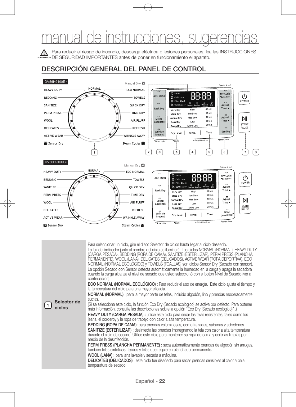 Manual de instrucciones, sugerencias, Descripción general del panel de control | Samsung DV56H9100EW-A2 User Manual | Page 110 / 132