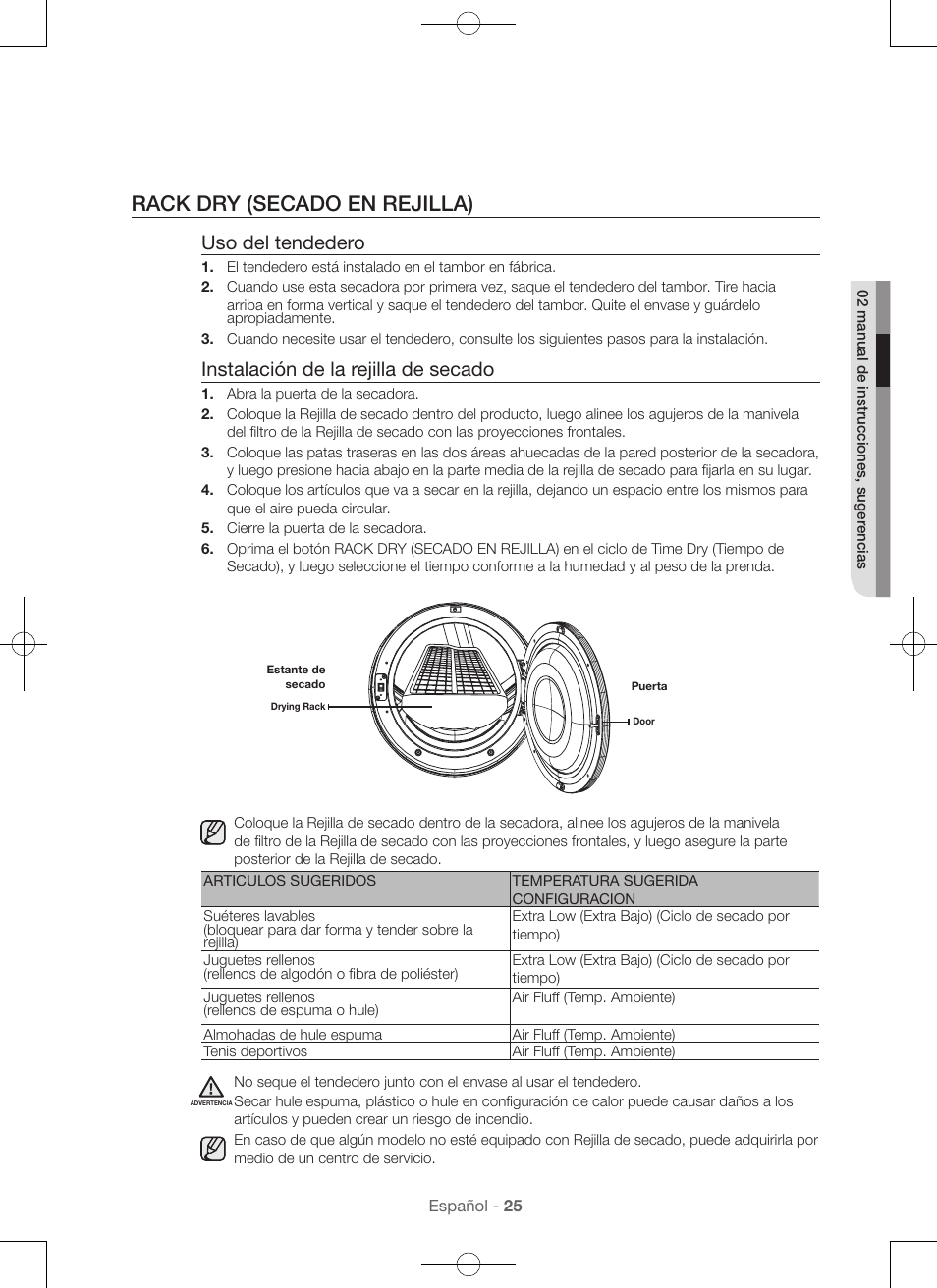 Rack dry (secado en rejilla), Uso del tendedero, Instalación de la rejilla de secado | Samsung DV56H9100EW-A2 User Manual | Page 113 / 132