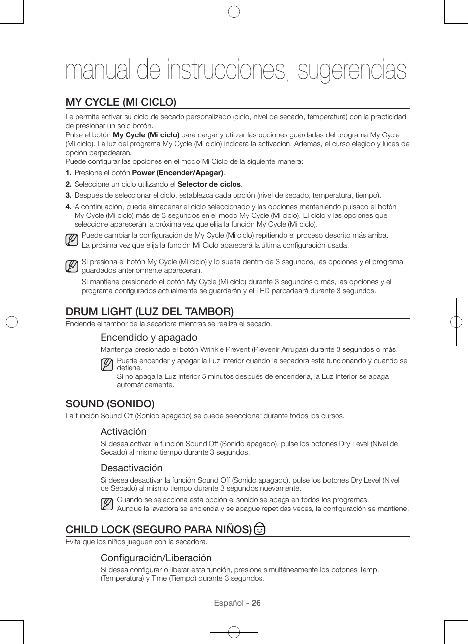 Manual de instrucciones, sugerencias, My cycle (mi ciclo), Drum light (luz del tambor) | Sound (sonido), Child lock (seguro para niños) | Samsung DV56H9100EW-A2 User Manual | Page 114 / 132