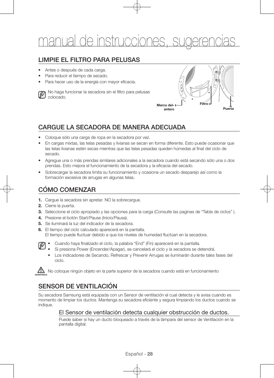 Manual de instrucciones, sugerencias, Limpie el filtro para pelusas, Cargue la secadora de manera adecuada | Cómo comenzar, Sensor de ventilación | Samsung DV56H9100EW-A2 User Manual | Page 116 / 132