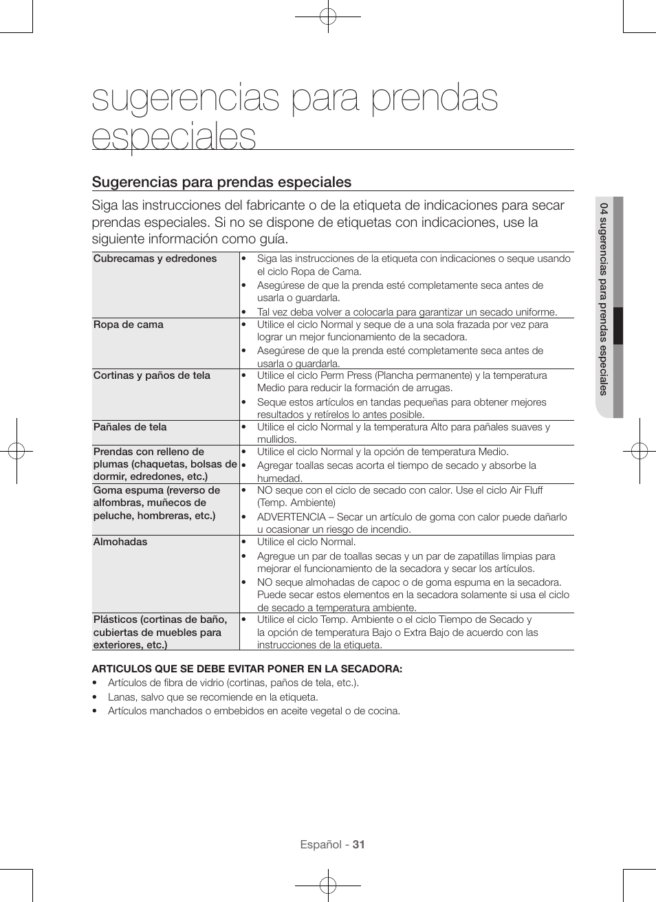 Sugerencias para prendas especiales | Samsung DV56H9100EW-A2 User Manual | Page 119 / 132