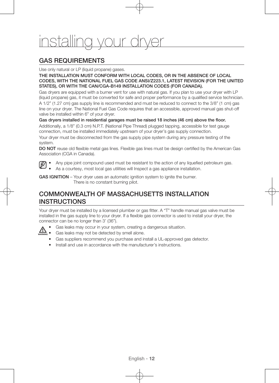 Installing your dryer, Gas requirements | Samsung DV56H9100EW-A2 User Manual | Page 12 / 132