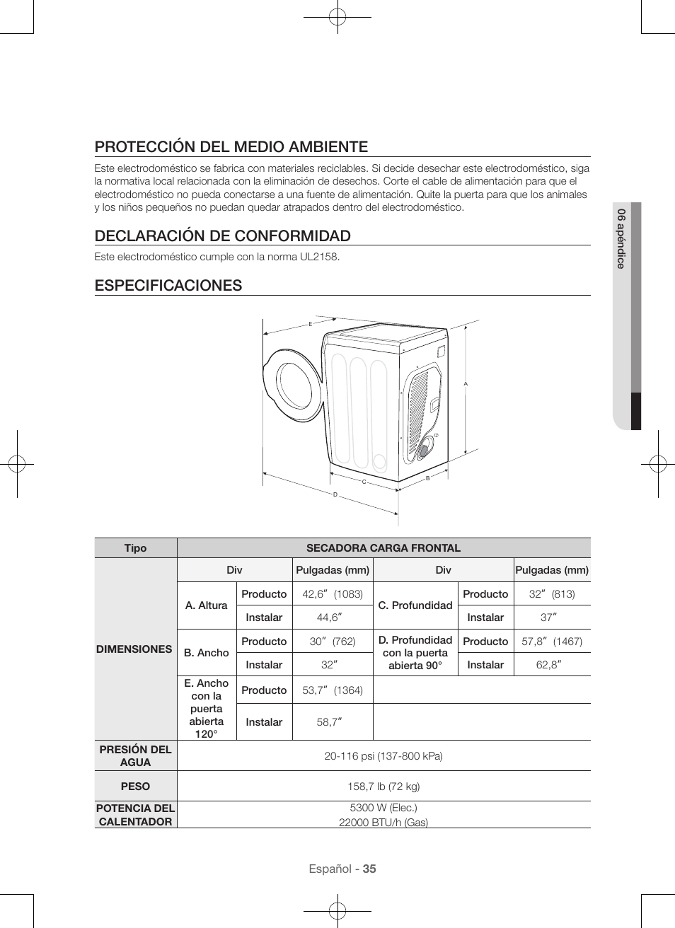 Protección del medio ambiente, Declaración de conformidad, Especificaciones | Samsung DV56H9100EW-A2 User Manual | Page 123 / 132