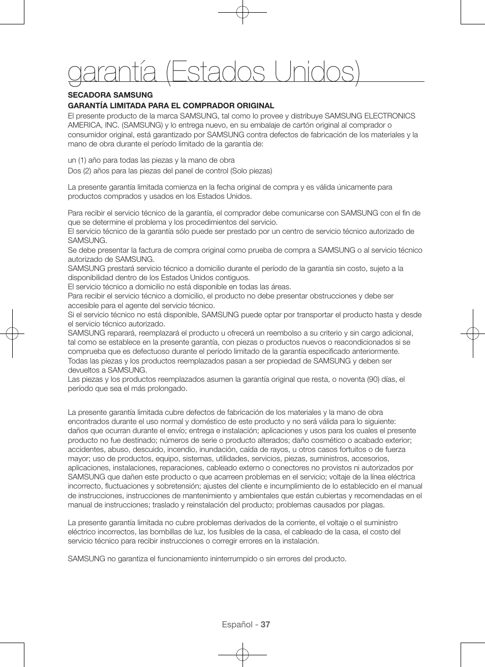 Garantía (estados unidos) | Samsung DV56H9100EW-A2 User Manual | Page 125 / 132