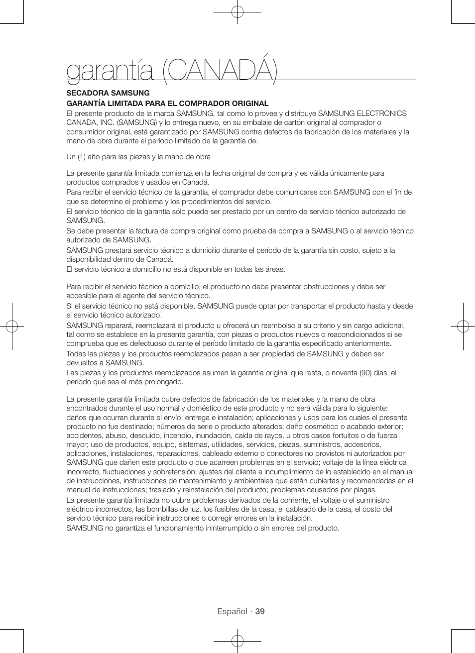 Garantía (canadá) | Samsung DV56H9100EW-A2 User Manual | Page 127 / 132