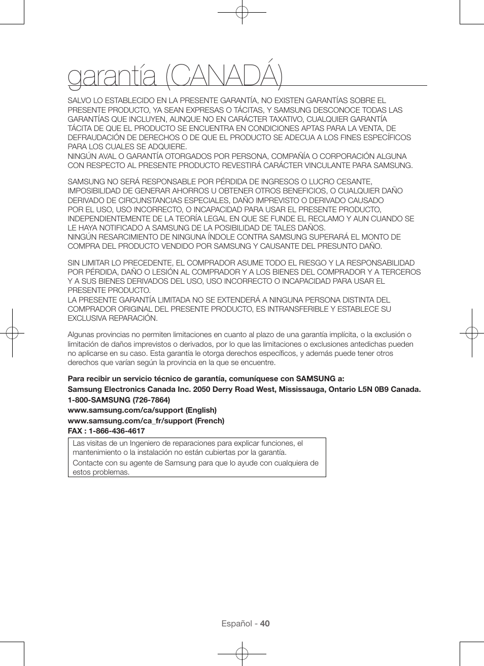 Garantía (canadá) | Samsung DV56H9100EW-A2 User Manual | Page 128 / 132