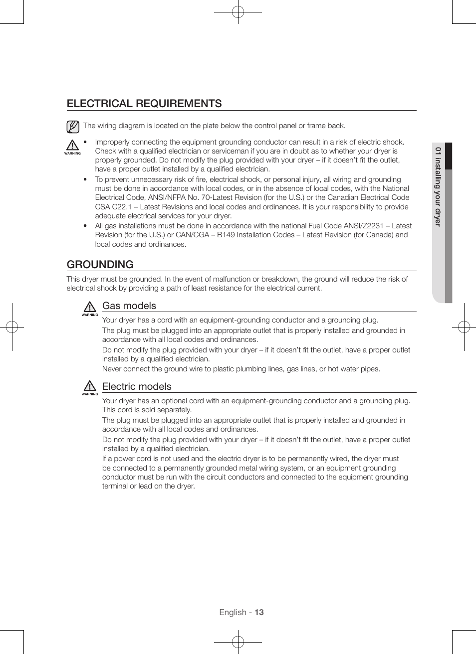 Electrical requirements, Grounding, Gas models | Electric models | Samsung DV56H9100EW-A2 User Manual | Page 13 / 132