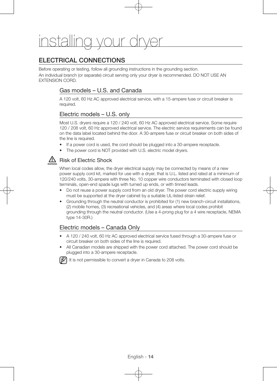 Installing your dryer, Electrical connections, Gas models – u.s. and canada | Electric models – u.s. only, Electric models – canada only | Samsung DV56H9100EW-A2 User Manual | Page 14 / 132