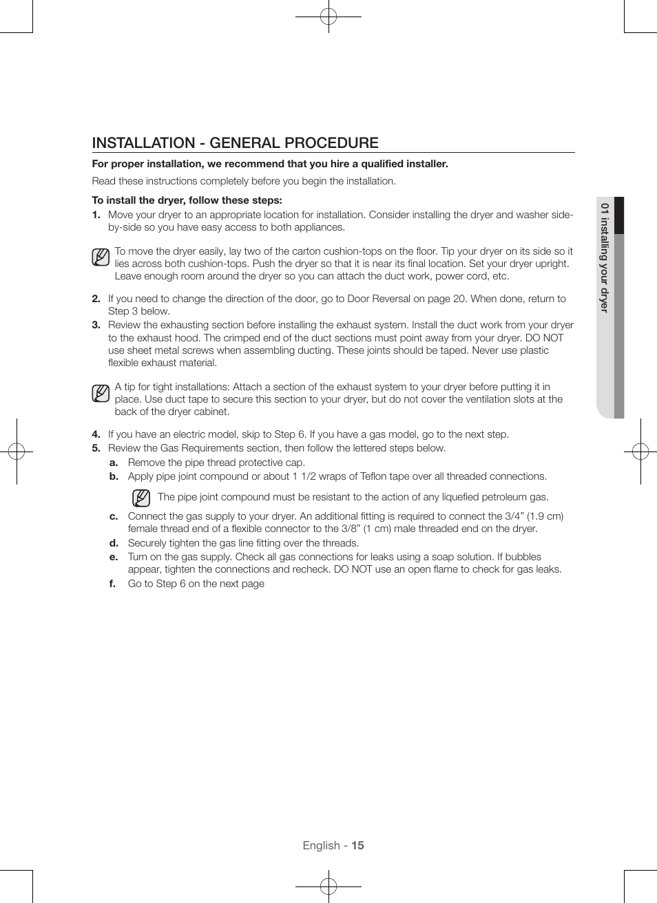 Installation - general procedure | Samsung DV56H9100EW-A2 User Manual | Page 15 / 132