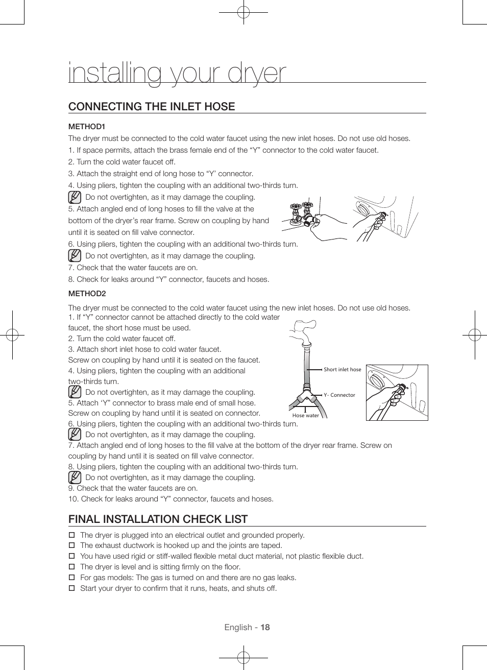 Installing your dryer, Connecting the inlet hose, Final installation check list | Samsung DV56H9100EW-A2 User Manual | Page 18 / 132