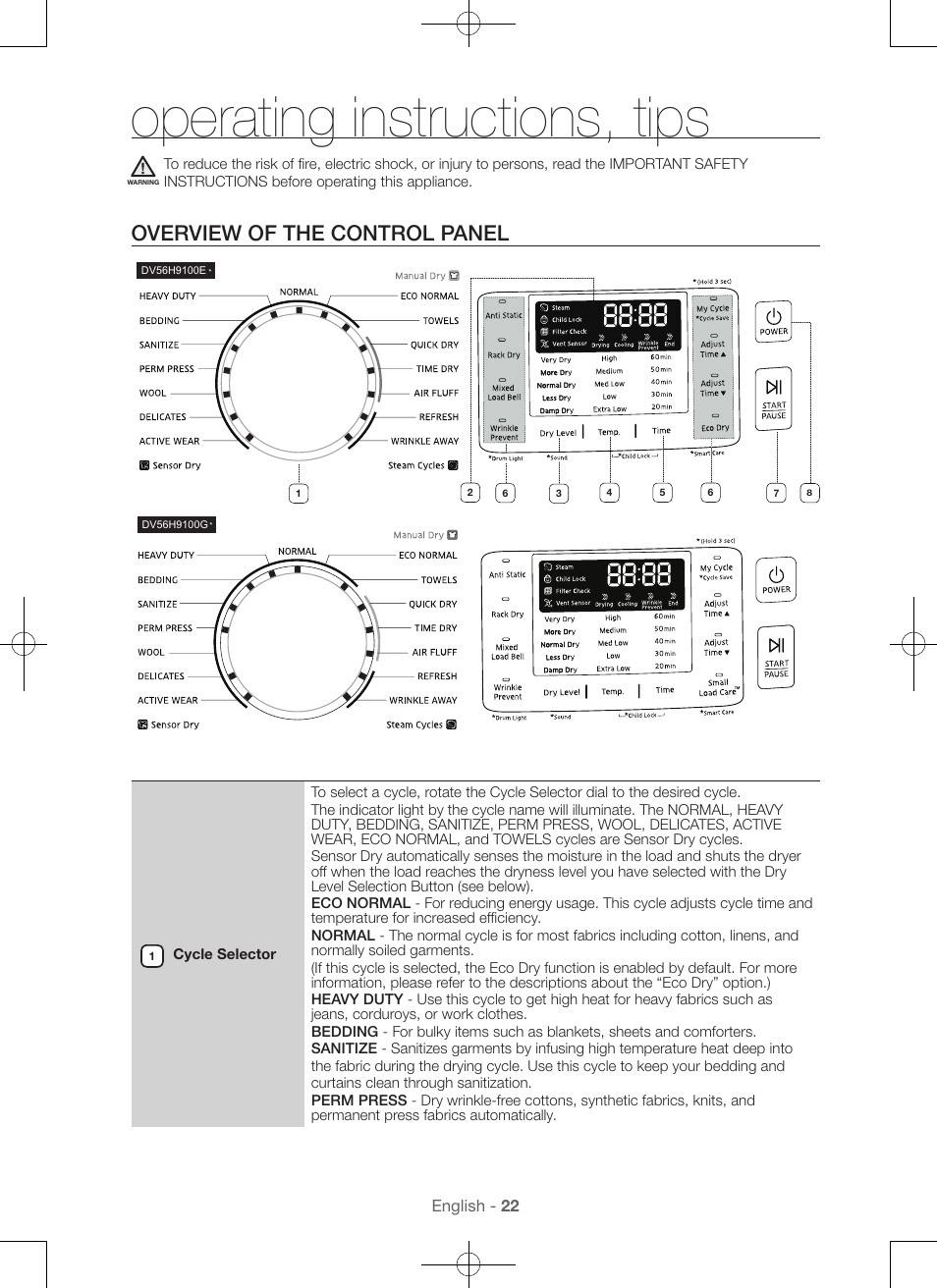 Operating instructions, tips, Overview of the control panel | Samsung DV56H9100EW-A2 User Manual | Page 22 / 132