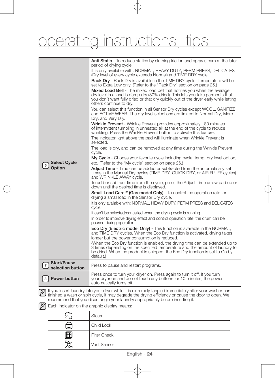 Operating instructions, tips | Samsung DV56H9100EW-A2 User Manual | Page 24 / 132