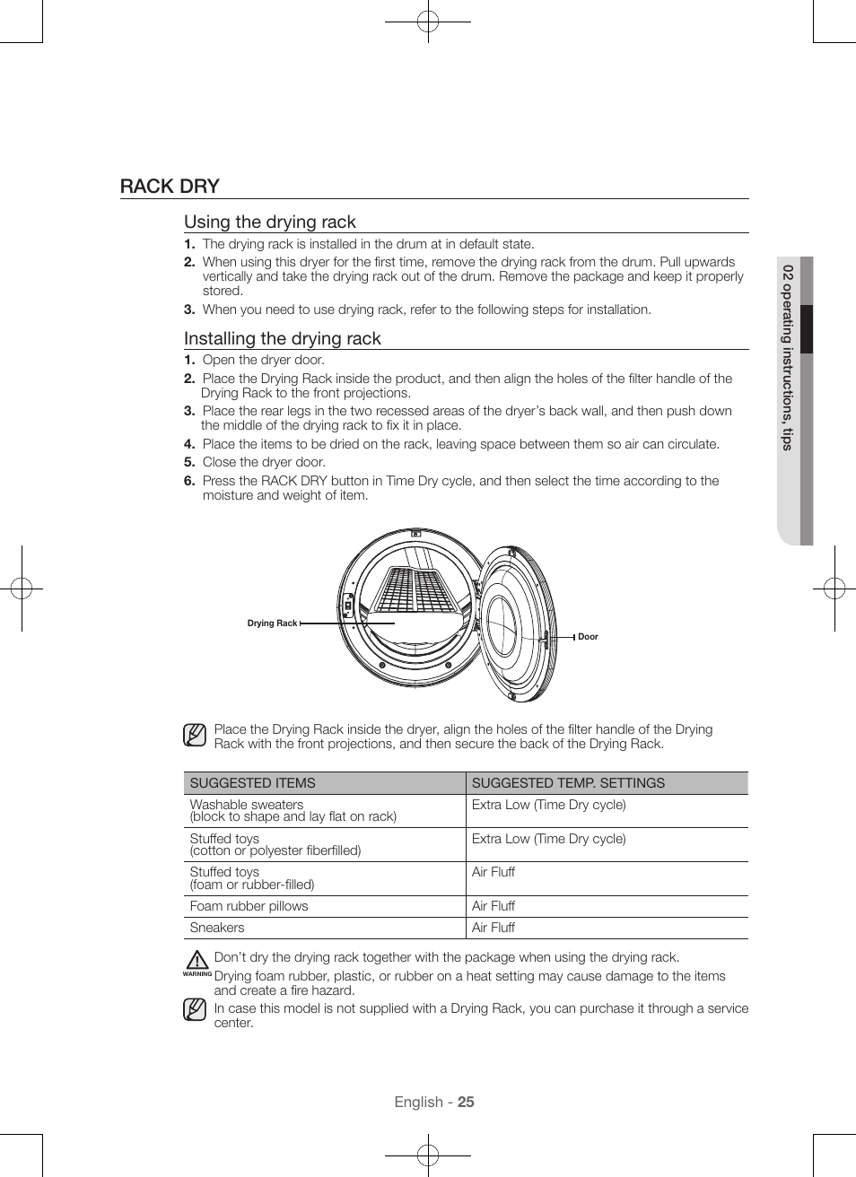 Rack dry, Using the drying rack, Installing the drying rack | Samsung DV56H9100EW-A2 User Manual | Page 25 / 132