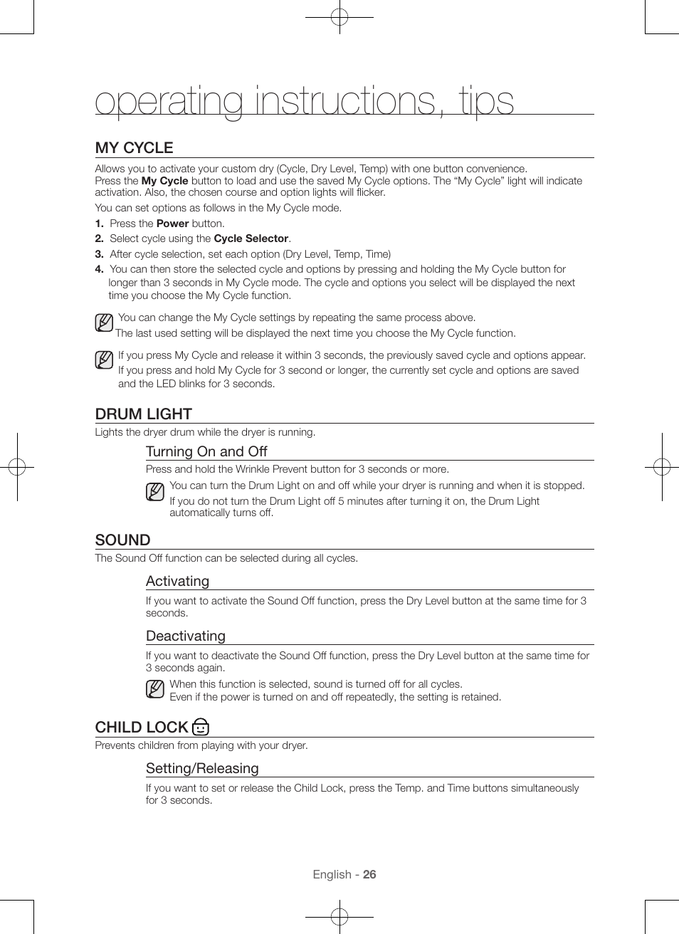 Operating instructions, tips, My cycle, Drum light | Sound, Child lock | Samsung DV56H9100EW-A2 User Manual | Page 26 / 132