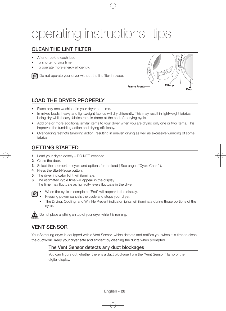Operating instructions, tips, Clean the lint filter, Load the dryer properly | Getting started, Vent sensor, The vent sensor detects any duct blockages | Samsung DV56H9100EW-A2 User Manual | Page 28 / 132