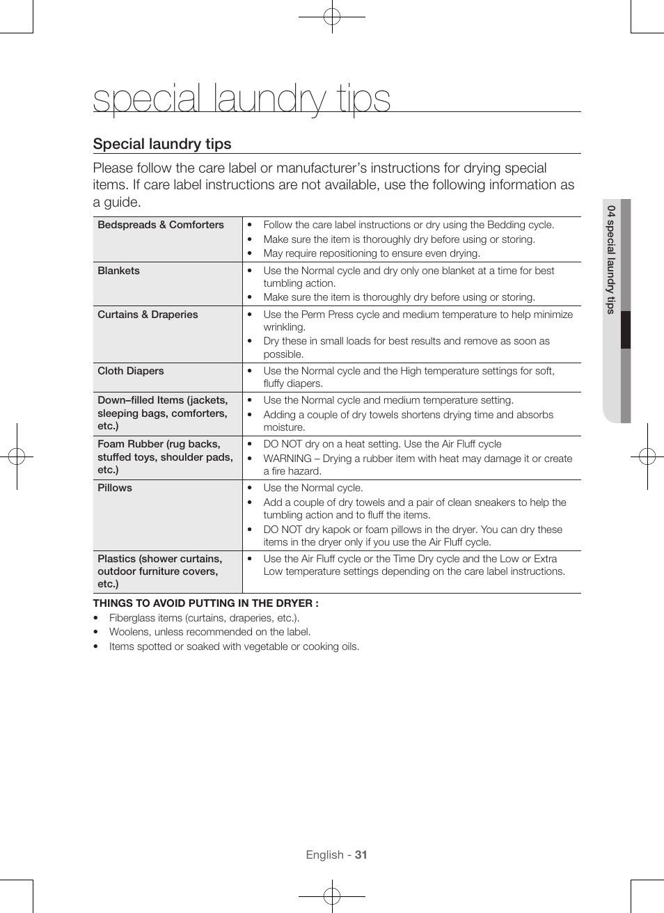Special laundry tips | Samsung DV56H9100EW-A2 User Manual | Page 31 / 132