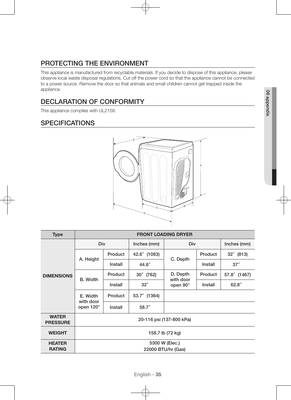Protecting the environment, Declaration of conformity, Specifications | Samsung DV56H9100EW-A2 User Manual | Page 35 / 132