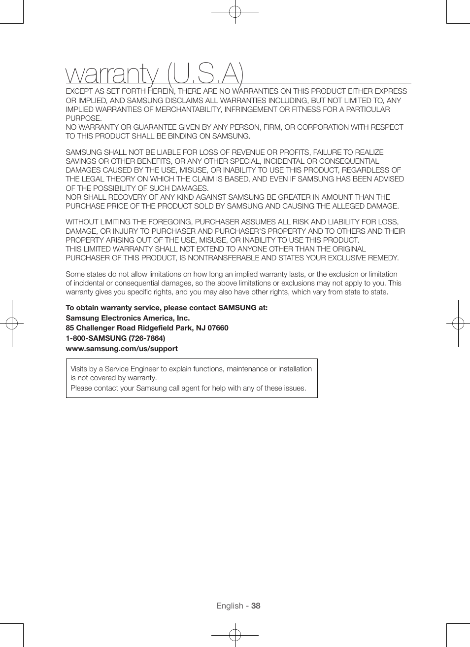 Warranty (u.s.a) | Samsung DV56H9100EW-A2 User Manual | Page 38 / 132