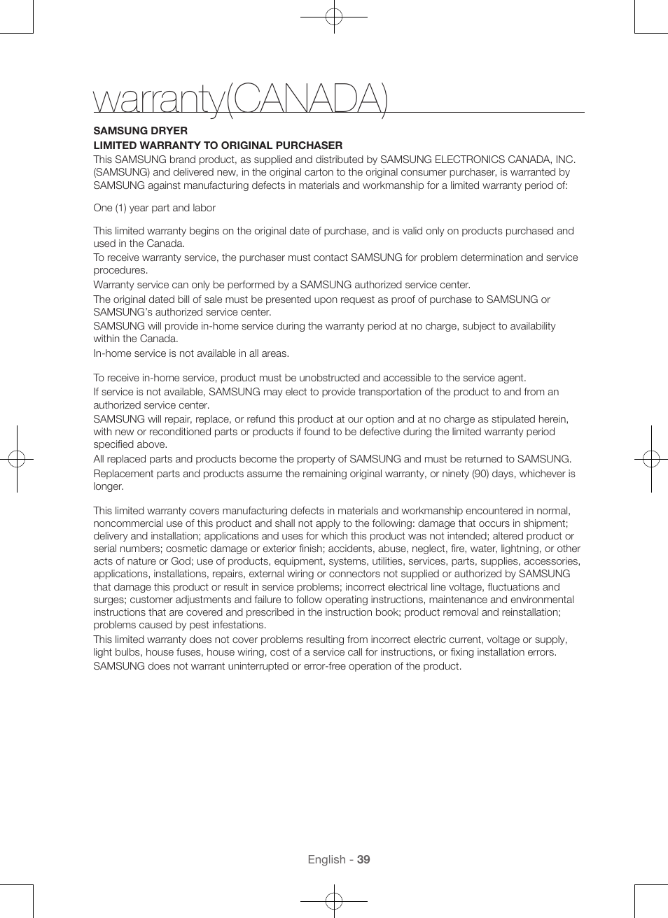 Warranty(canada) | Samsung DV56H9100EW-A2 User Manual | Page 39 / 132
