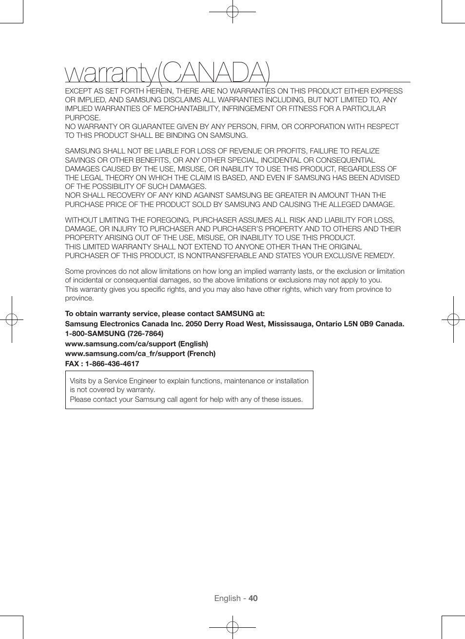 Warranty(canada) | Samsung DV56H9100EW-A2 User Manual | Page 40 / 132