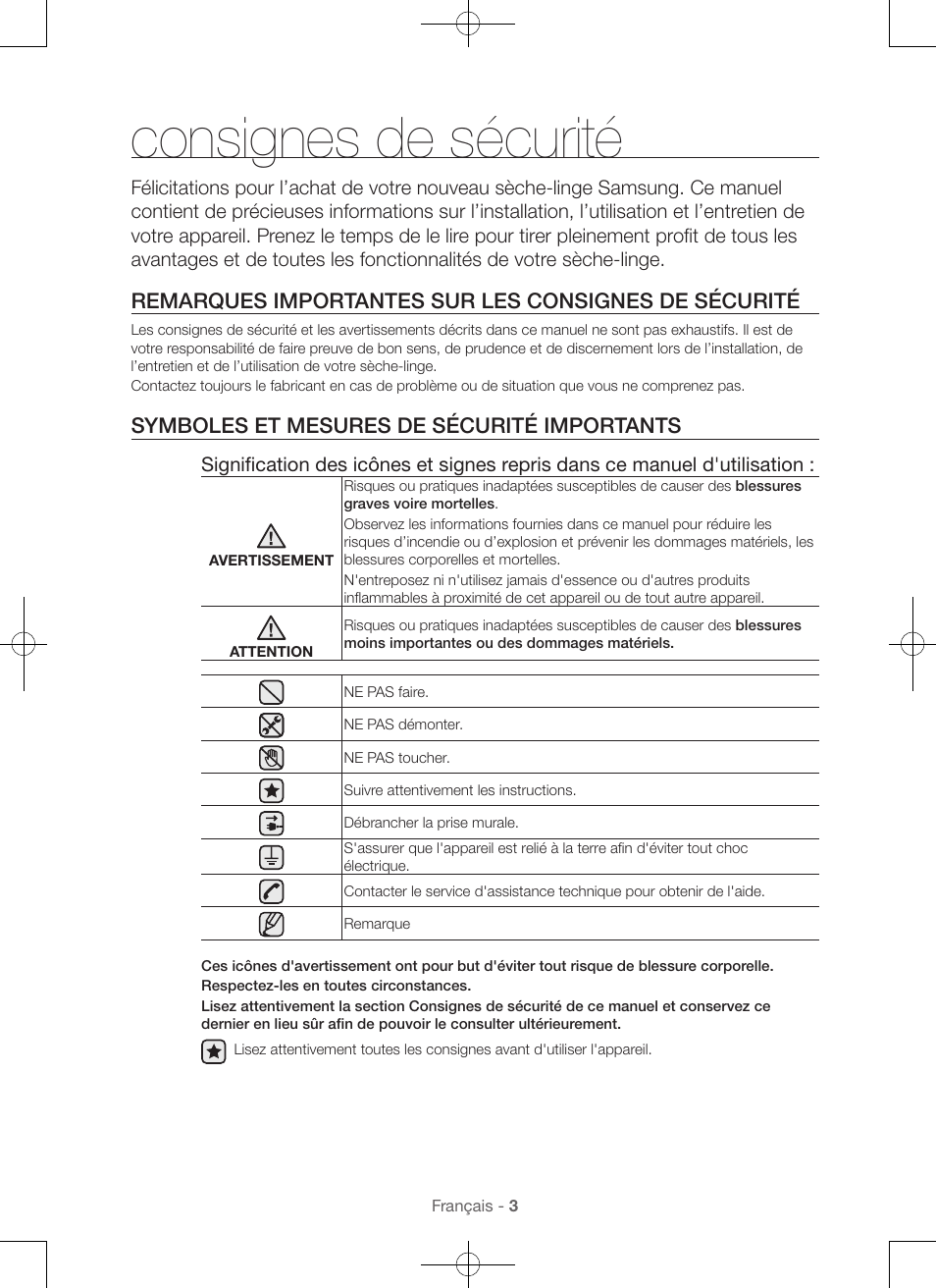 Consignes de sécurité, Symboles et mesures de sécurité importants | Samsung DV56H9100EW-A2 User Manual | Page 47 / 132
