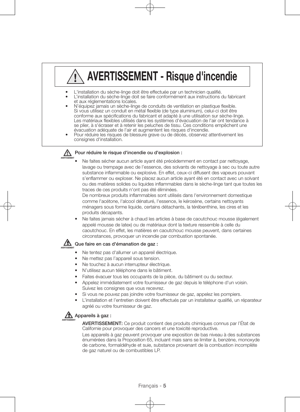 Avertissement - risque d'incendie | Samsung DV56H9100EW-A2 User Manual | Page 49 / 132
