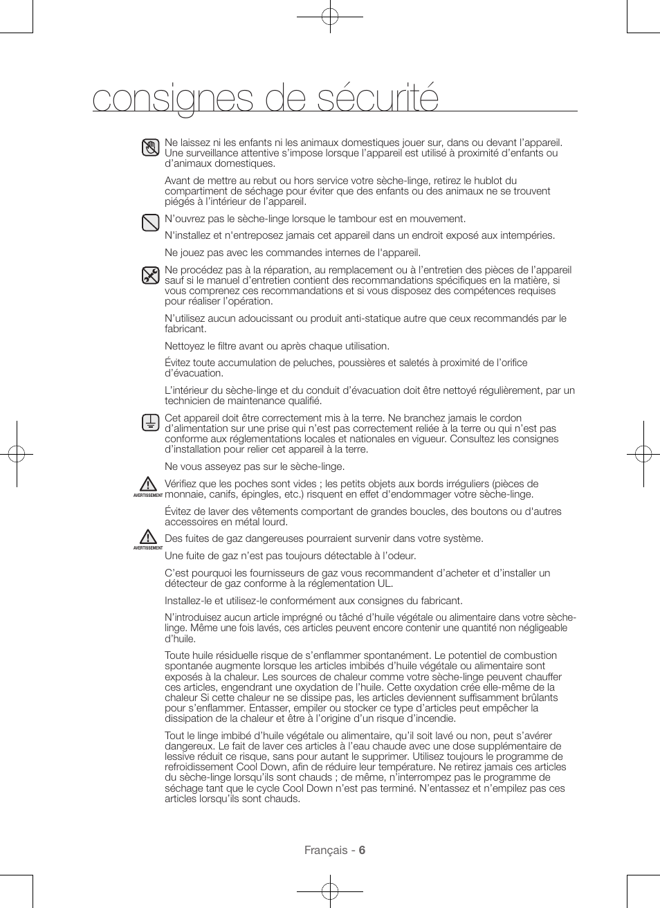 Consignes de sécurité | Samsung DV56H9100EW-A2 User Manual | Page 50 / 132