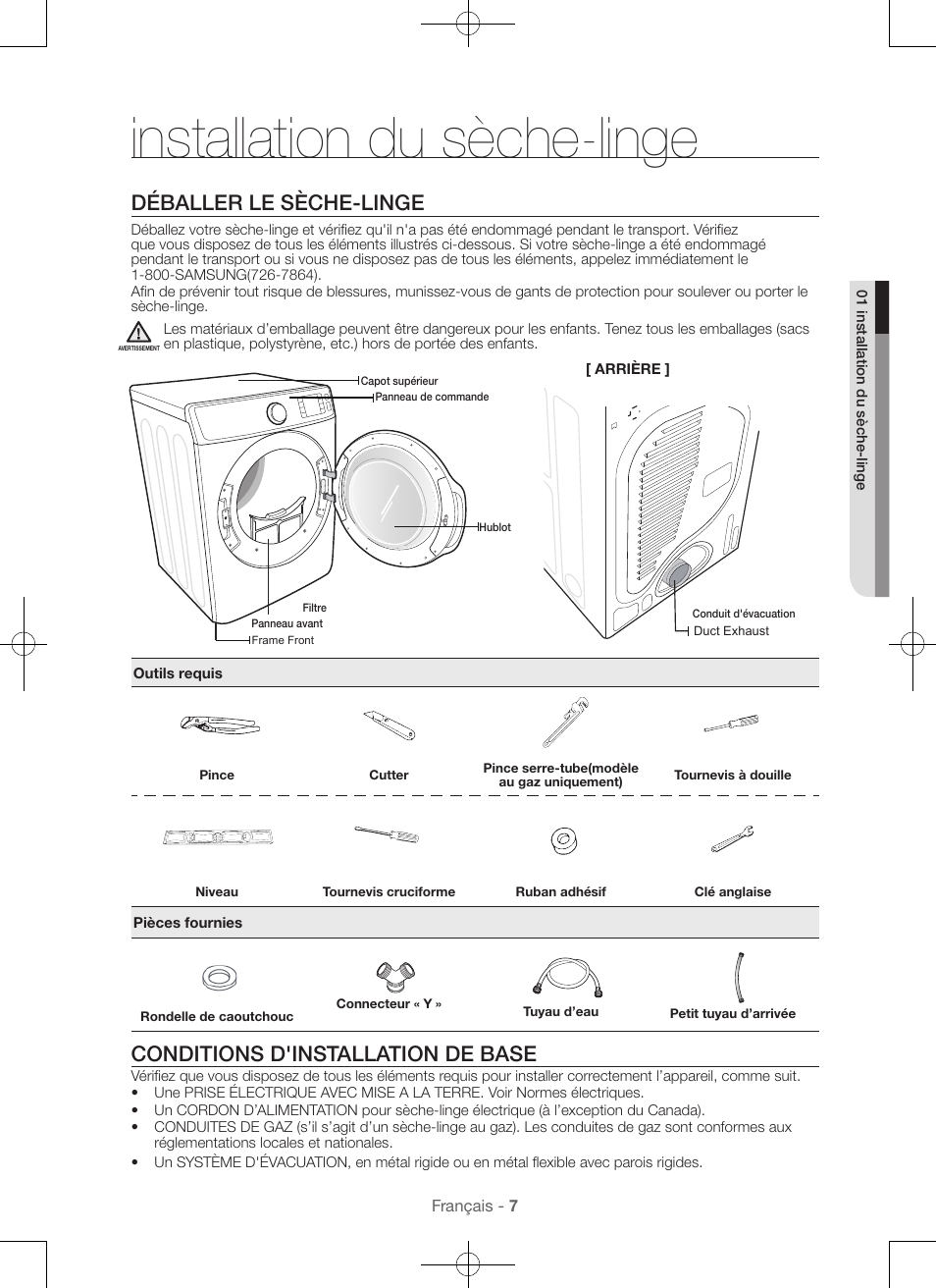 Installation du sèche-linge, Déballer le sèche-linge, Conditions d'installation de base | Samsung DV56H9100EW-A2 User Manual | Page 51 / 132