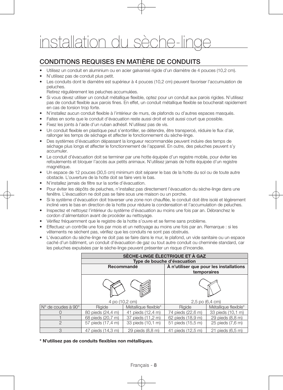 Installation du sèche-linge, Conditions requises en matière de conduits | Samsung DV56H9100EW-A2 User Manual | Page 52 / 132