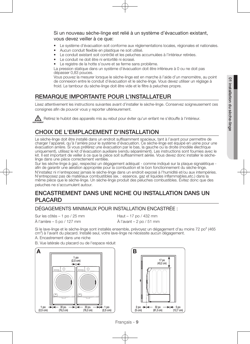Remarque importante pour l’installateur, Choix de l'emplacement d'installation, Dégagements minimaux pour installation encastrée | Samsung DV56H9100EW-A2 User Manual | Page 53 / 132
