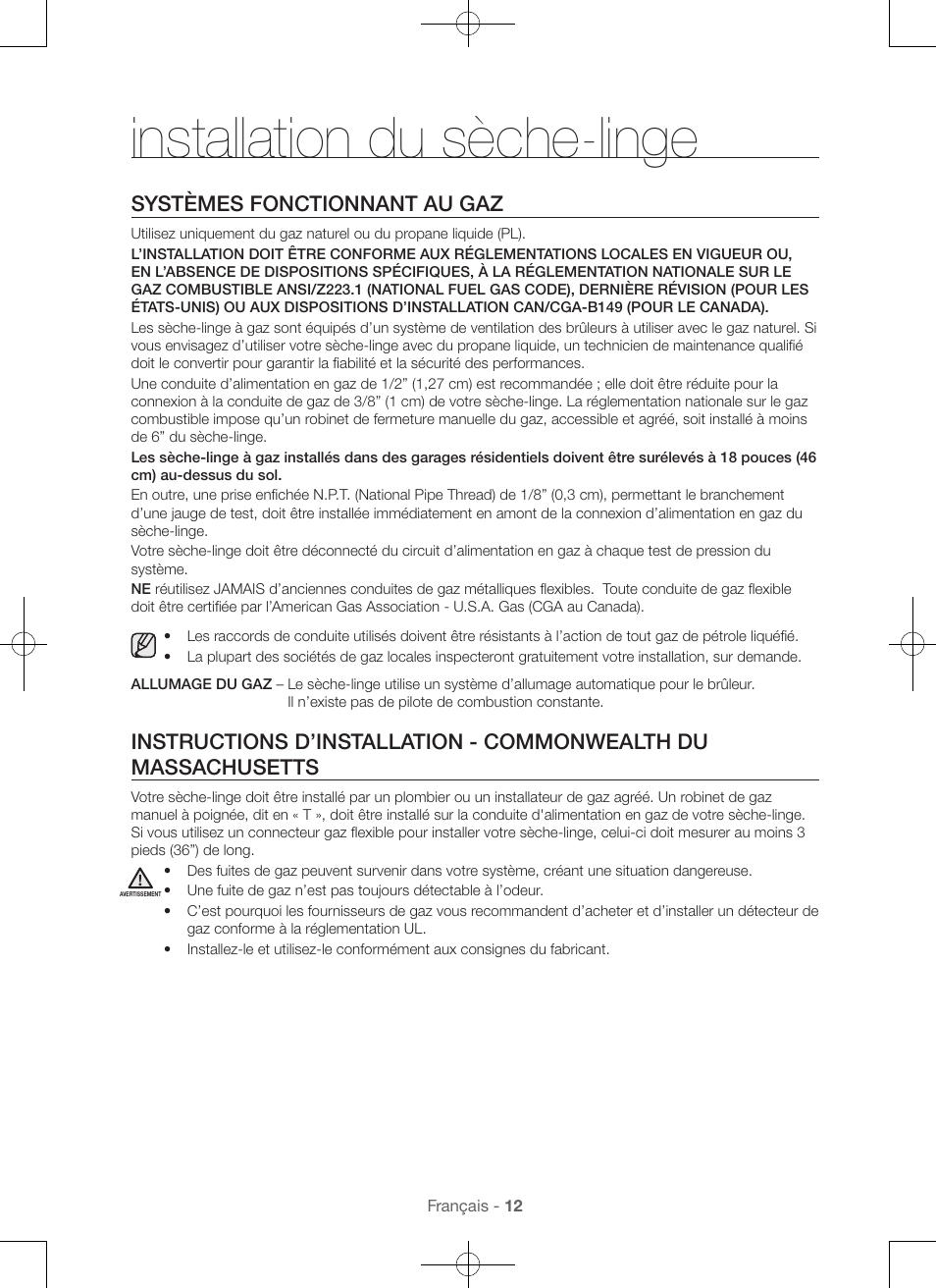 Installation du sèche-linge, Systèmes fonctionnant au gaz | Samsung DV56H9100EW-A2 User Manual | Page 56 / 132