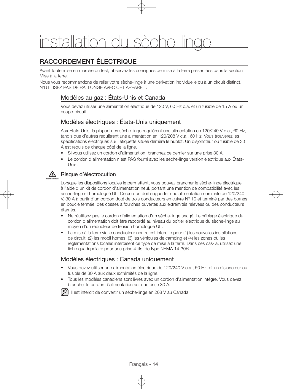 Installation du sèche-linge, Raccordement électrique, Modèles au gaz : états-unis et canada | Modèles électriques : états-unis uniquement, Modèles électriques : canada uniquement | Samsung DV56H9100EW-A2 User Manual | Page 58 / 132