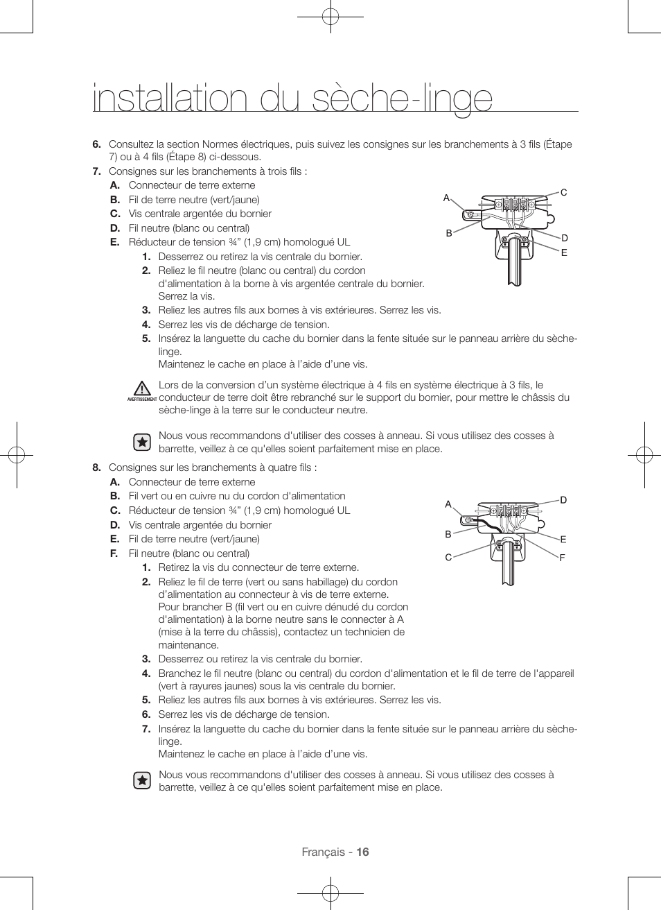 Installation du sèche-linge | Samsung DV56H9100EW-A2 User Manual | Page 60 / 132