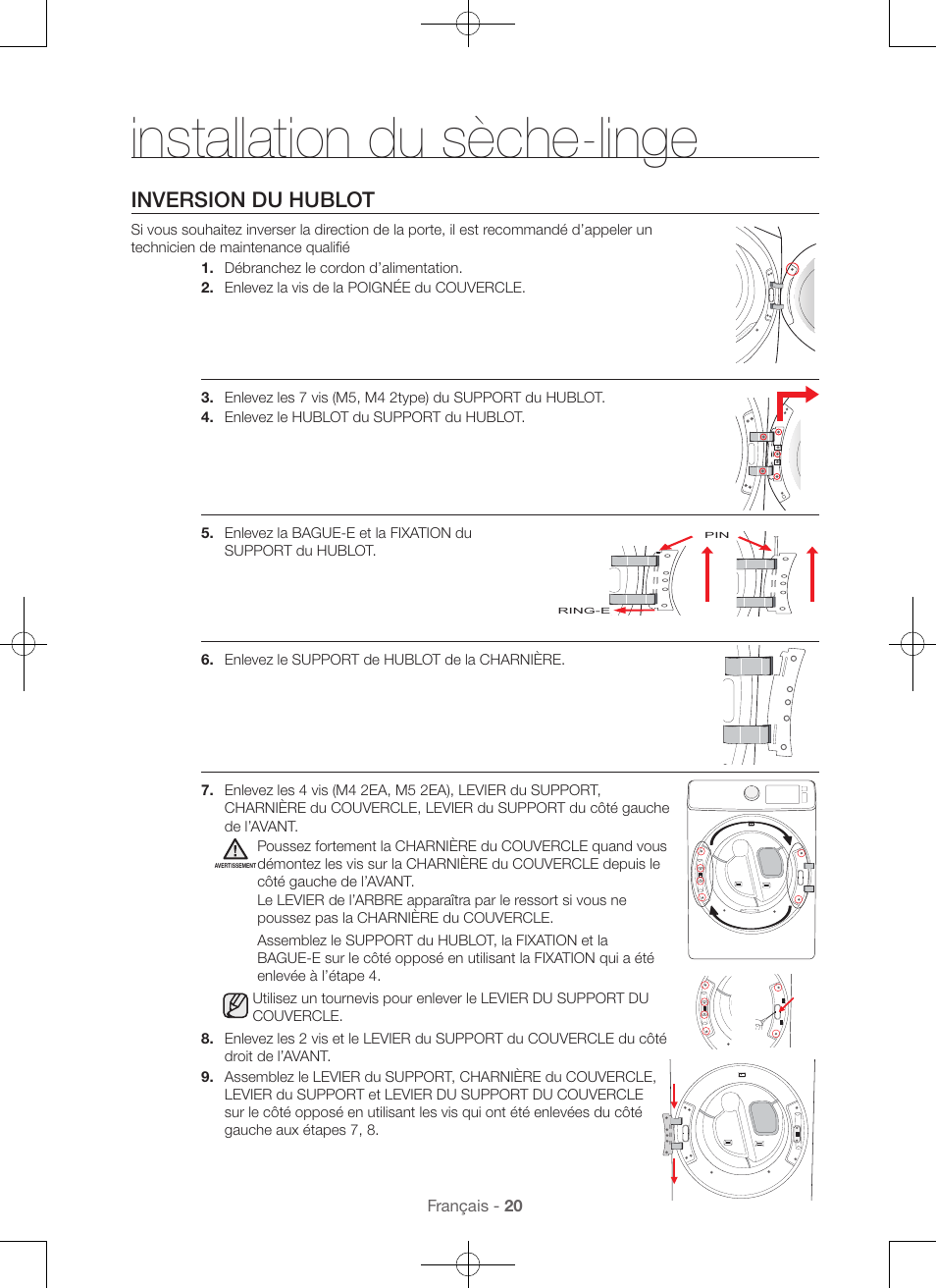 Installation du sèche-linge, Inversion du hublot | Samsung DV56H9100EW-A2 User Manual | Page 64 / 132