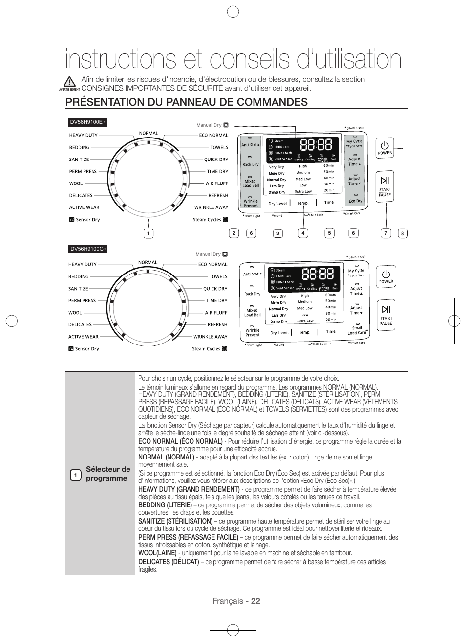 Instructions et conseils d’utilisation, Présentation du panneau de commandes | Samsung DV56H9100EW-A2 User Manual | Page 66 / 132