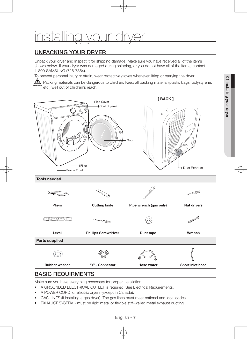 Installing your dryer, Unpacking your dryer, Basic requirments | Samsung DV56H9100EW-A2 User Manual | Page 7 / 132