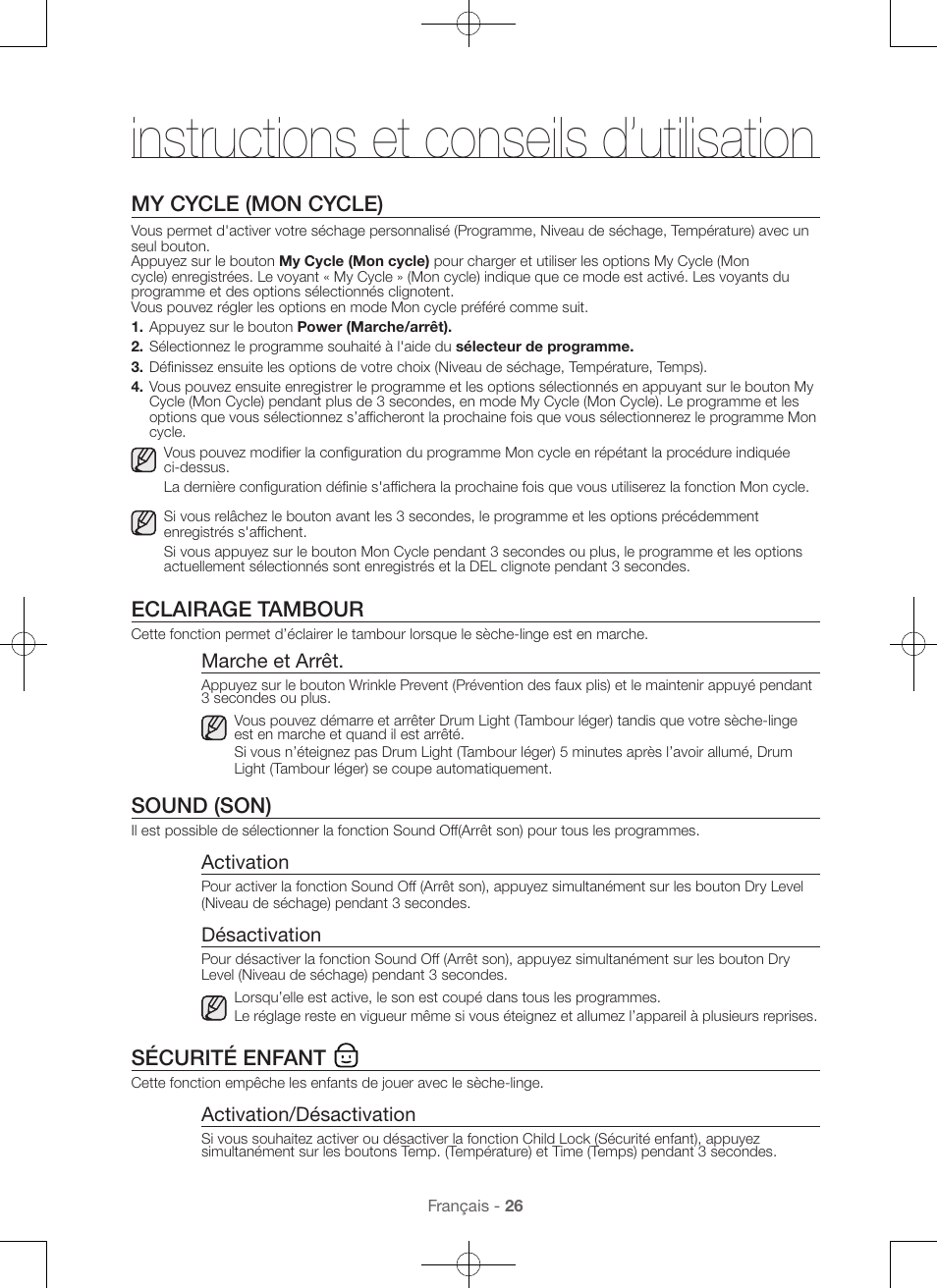 Instructions et conseils d’utilisation, My cycle (mon cycle), Eclairage tambour | Sound (son), Sécurité enfant | Samsung DV56H9100EW-A2 User Manual | Page 70 / 132