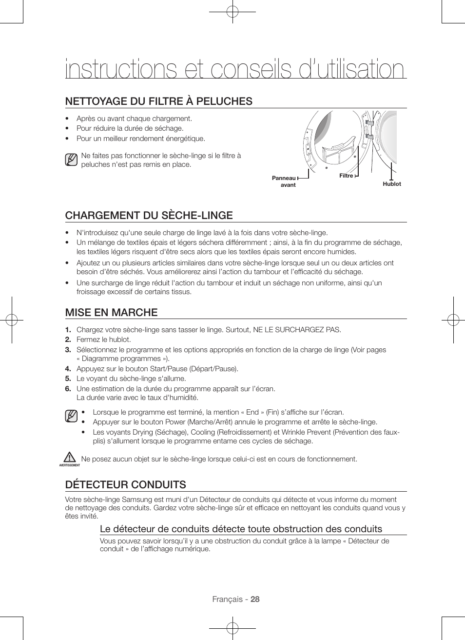 Instructions et conseils d’utilisation, Nettoyage du filtre à peluches, Chargement du sèche-linge | Mise en marche, Détecteur conduits | Samsung DV56H9100EW-A2 User Manual | Page 72 / 132