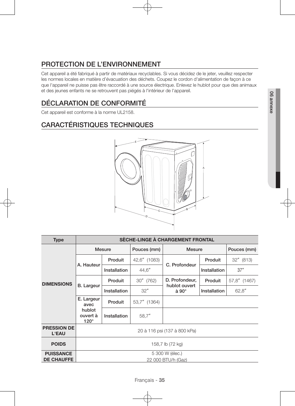Protection de l’environnement, Déclaration de conformité, Caractéristiques techniques | Samsung DV56H9100EW-A2 User Manual | Page 79 / 132