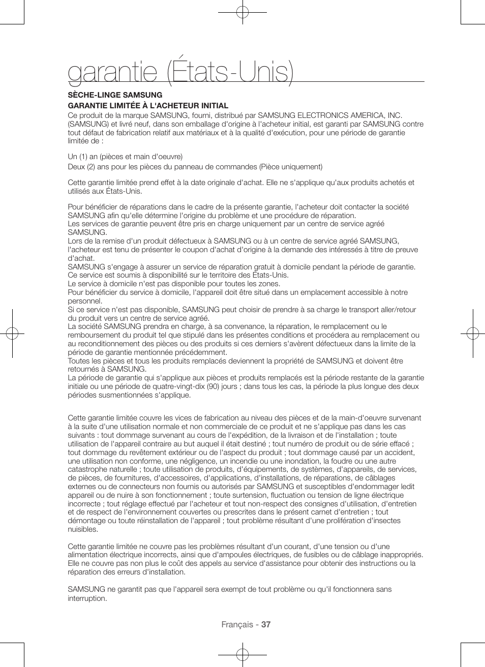 Garantie (états-unis) | Samsung DV56H9100EW-A2 User Manual | Page 81 / 132