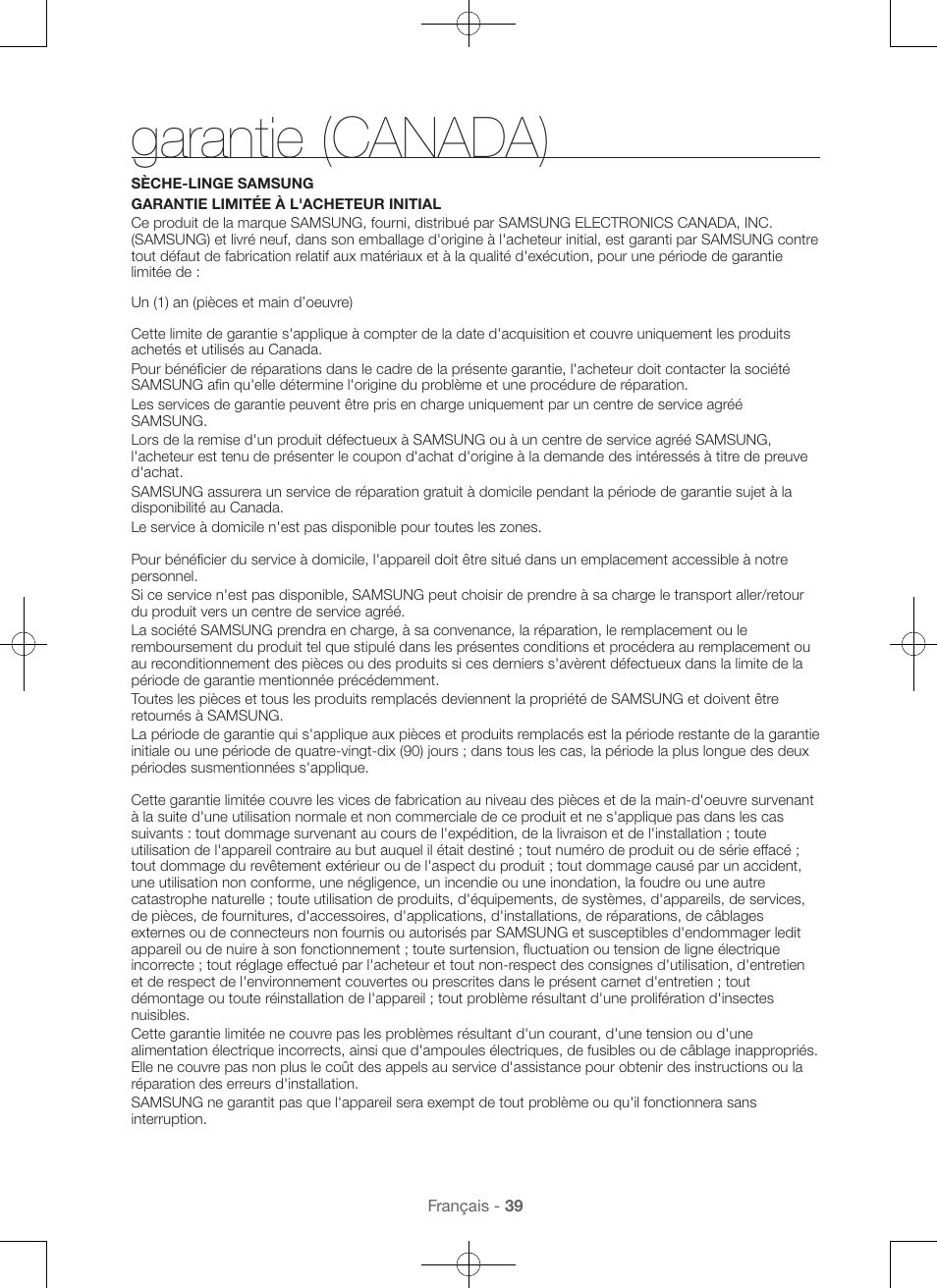 Garantie (canada) | Samsung DV56H9100EW-A2 User Manual | Page 83 / 132