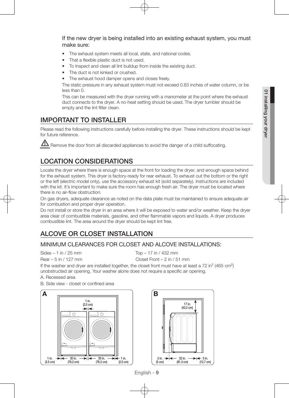 Important to installer, Location considerations, Alcove or closet installation | Samsung DV56H9100EW-A2 User Manual | Page 9 / 132