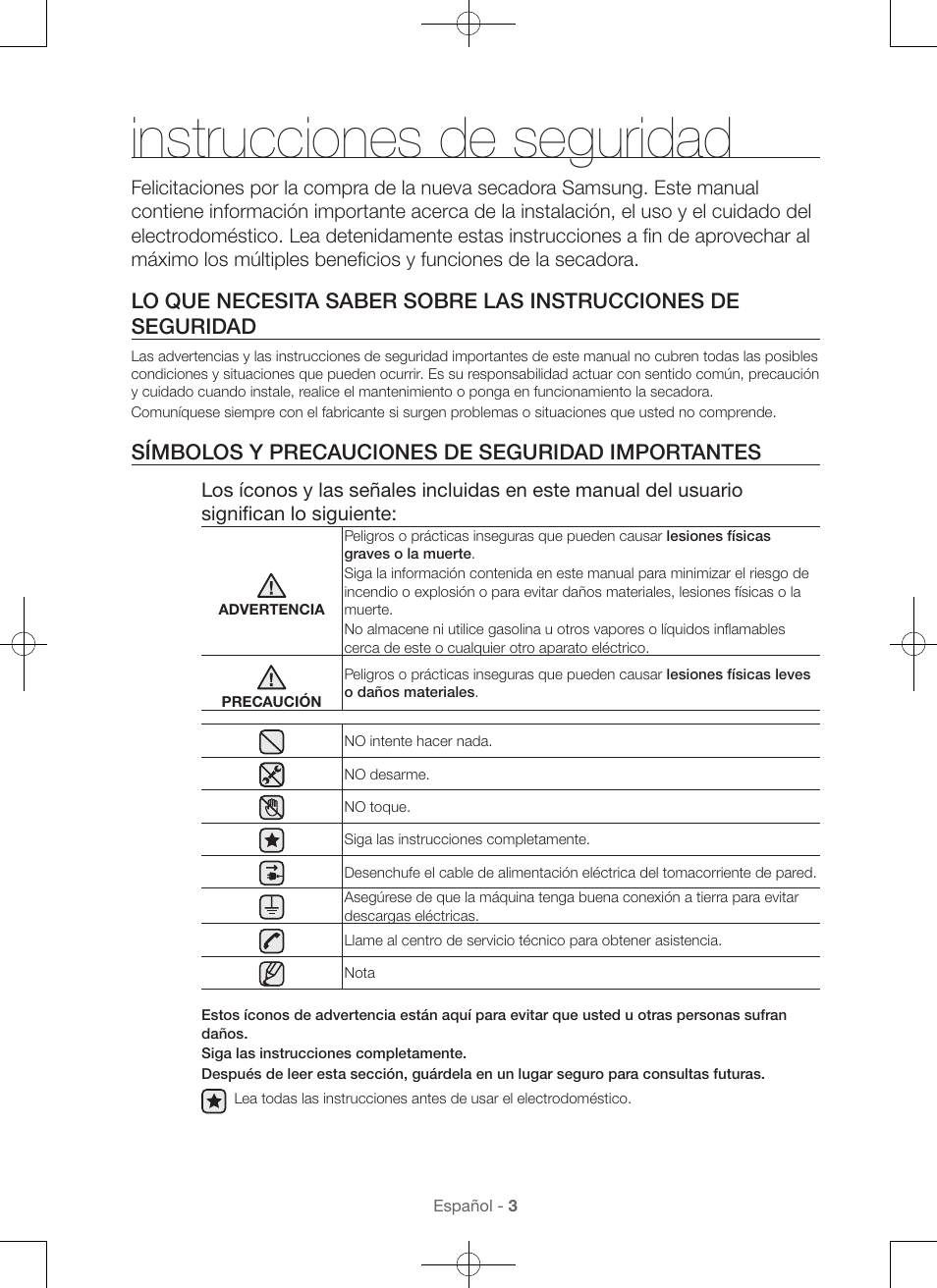 Instrucciones de seguridad, Símbolos y precauciones de seguridad importantes | Samsung DV56H9100EW-A2 User Manual | Page 91 / 132