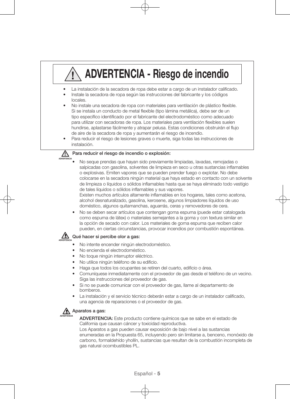 Advertencia - riesgo de incendio | Samsung DV56H9100EW-A2 User Manual | Page 93 / 132